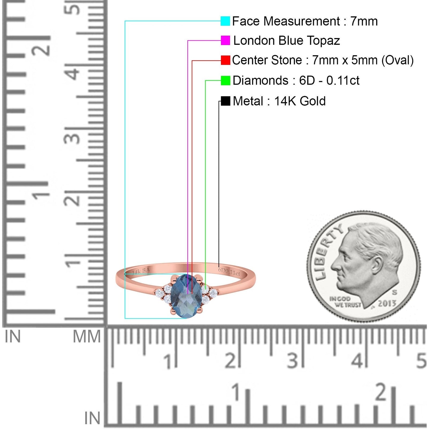 14K Rose Gold 0.87ct Art Deco Oval 7mmx5mm G SI London Blue Topaz Diamond Engagement Wedding Ring Size 6.5