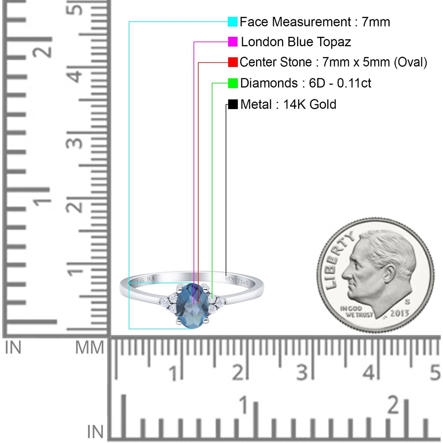 14K White Gold 0.87ct Art Deco Oval 7mmx5mm G SI London Blue Topaz Diamond Engagement Wedding Ring Size 6.5