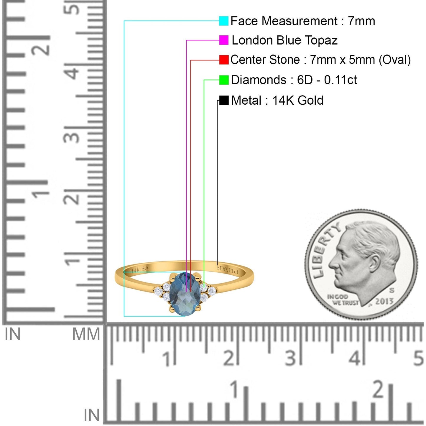 14K Yellow Gold 0.87ct Art Deco Oval 7mmx5mm G SI London Blue Topaz Diamond Engagement Wedding Ring Size 6.5