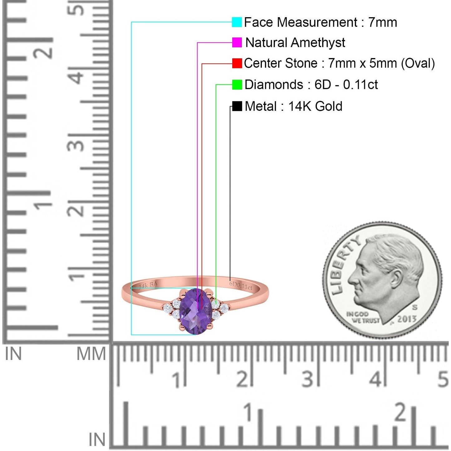 14K Rose Gold 0.87ct Art Deco Oval 7mmx5mm G SI Natural Amethyst Diamond Engagement Wedding Ring Size 6.5