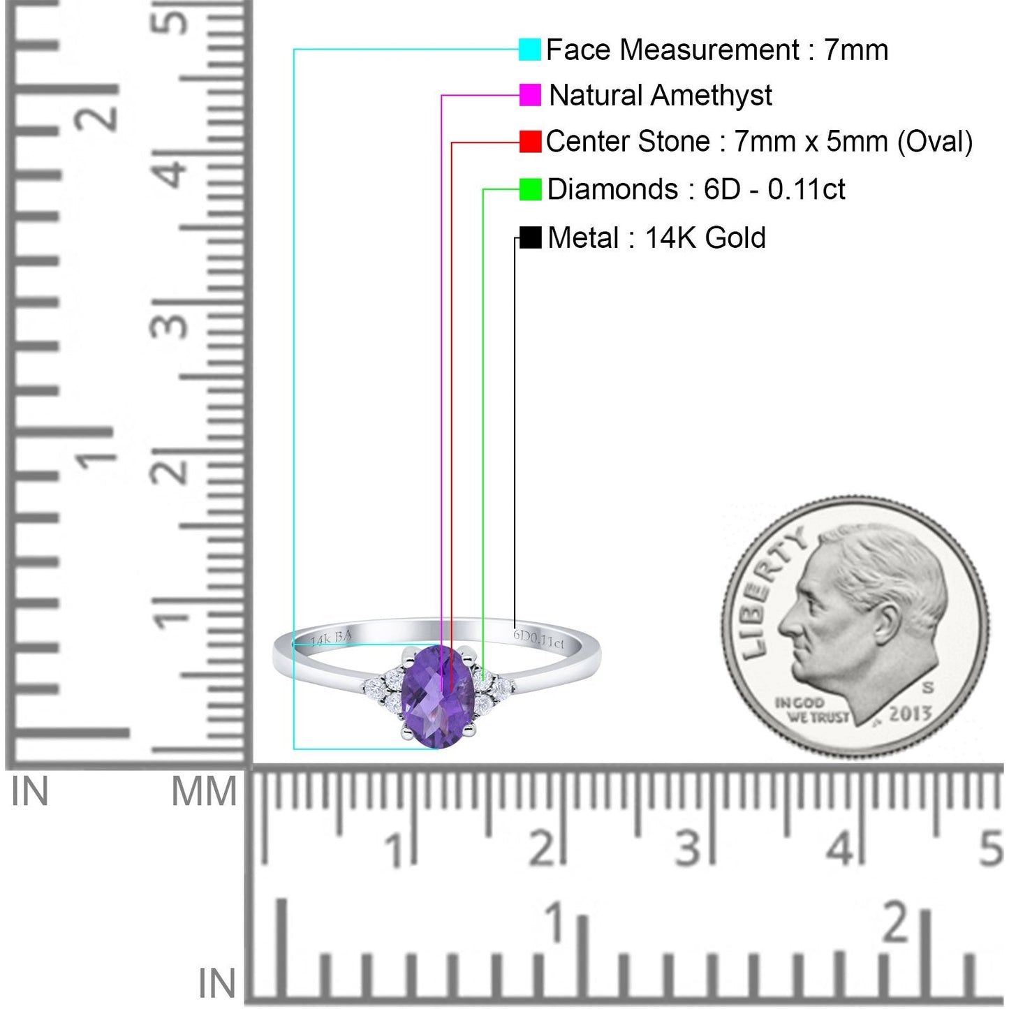 14K White Gold 0.87ct Art Deco Oval 7mmx5mm G SI Natural Amethyst Diamond Engagement Wedding Ring Size 6.5