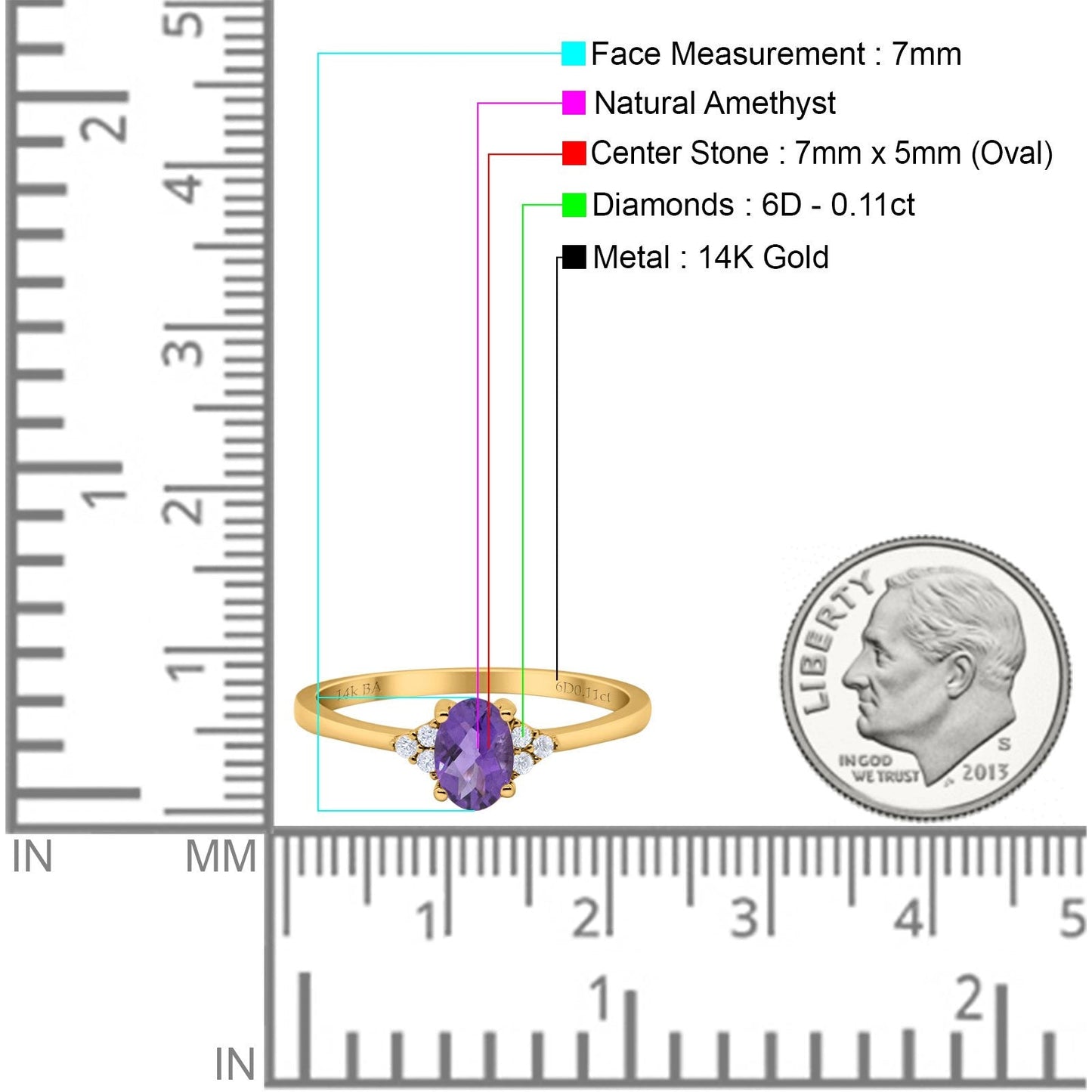 14K Yellow Gold 0.87ct Art Deco Oval 7mmx5mm G SI Natural Amethyst Diamond Engagement Wedding Ring Size 6.5