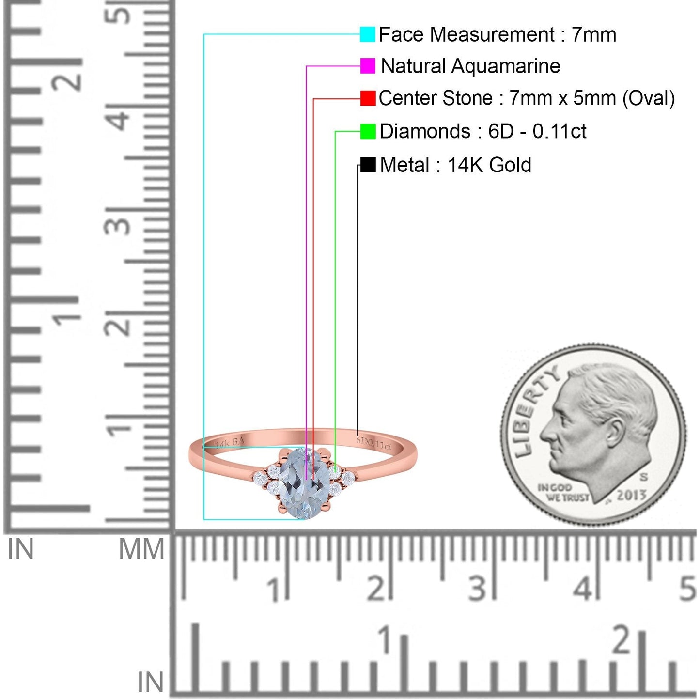 14K Rose Gold 0.87ct Art Deco Oval 7mmx5mm G SI Natural Aquamarine Diamond Engagement Wedding Ring Size 6.5