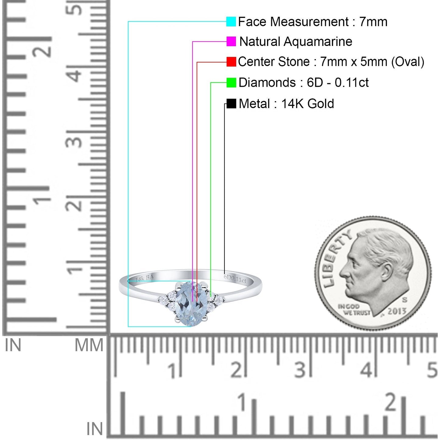 14K White Gold 0.87ct Art Deco Oval 7mmx5mm G SI Natural Aquamarine Diamond Engagement Wedding Ring Size 6.5