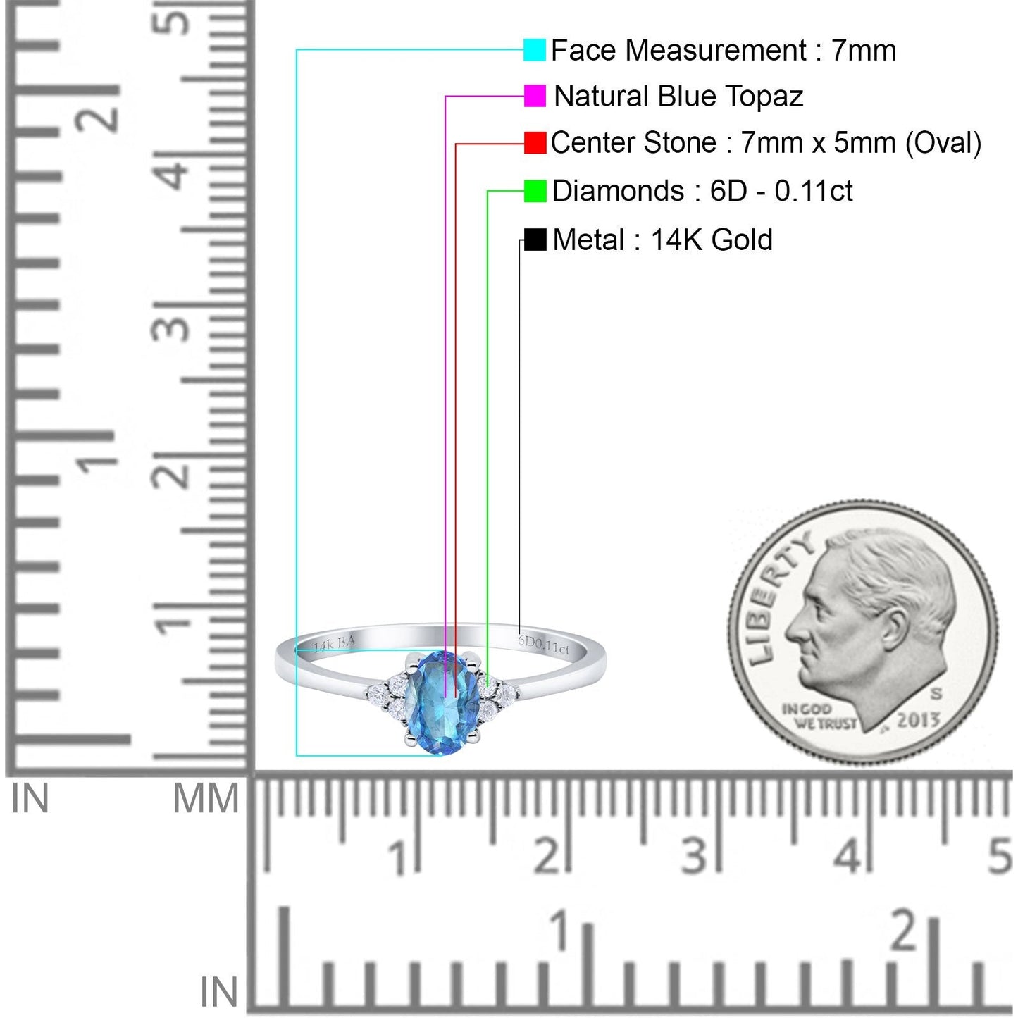 14K White Gold 0.87ct Art Deco Oval 7mmx5mm G SI Natural Blue Topaz Diamond Engagement Wedding Ring Size 6.5