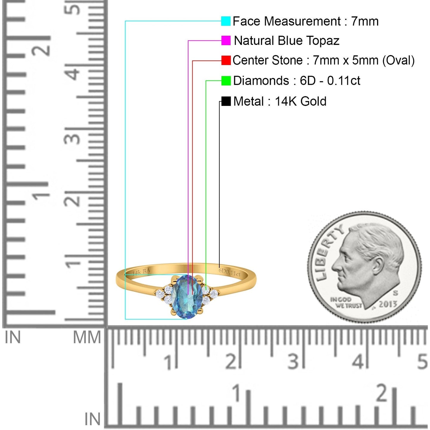 14K Yellow Gold 0.87ct Art Deco Oval 7mmx5mm G SI Natural Blue Topaz Diamond Engagement Wedding Ring Size 6.5