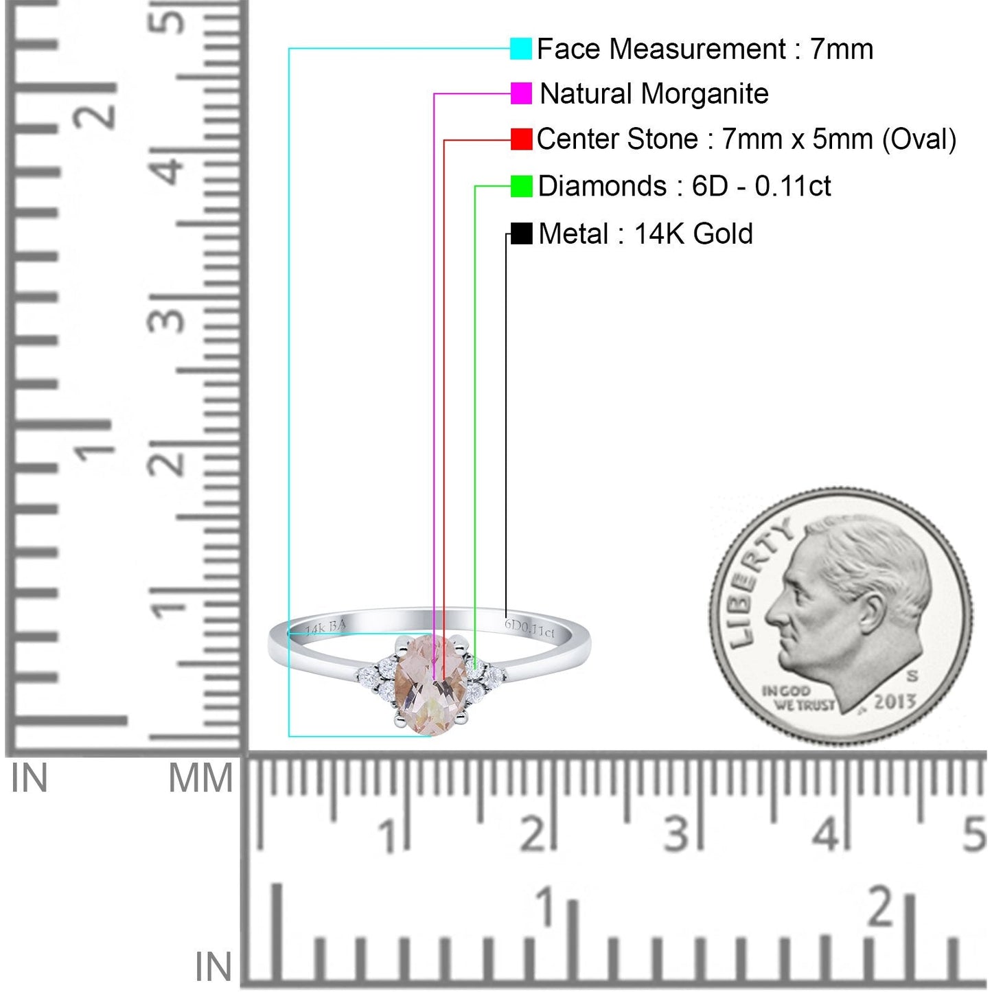 14K White Gold 0.87ct Art Deco Oval 7mmx5mm G SI Natural Morganite Diamond Engagement Wedding Ring Size 6.5