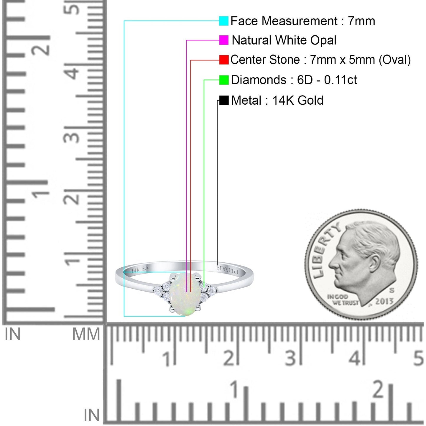 14K White Gold 0.11ct Art Deco Oval 7mmx5mm G SI Natural White Opal Diamond Engagement Wedding Ring Size 6.5