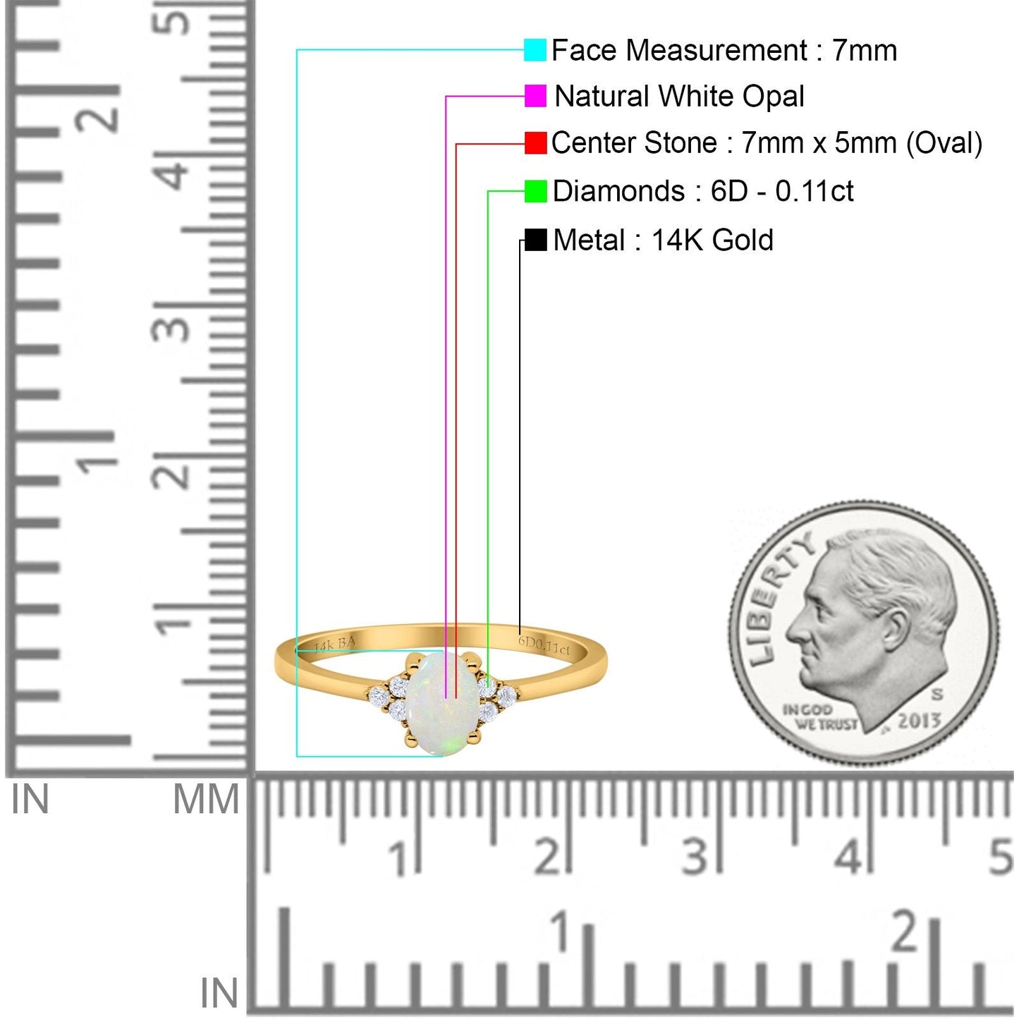 14K Yellow Gold 0.11ct Art Deco Oval 7mmx5mm G SI Natural White Opal Diamond Engagement Wedding Ring Size 6.5