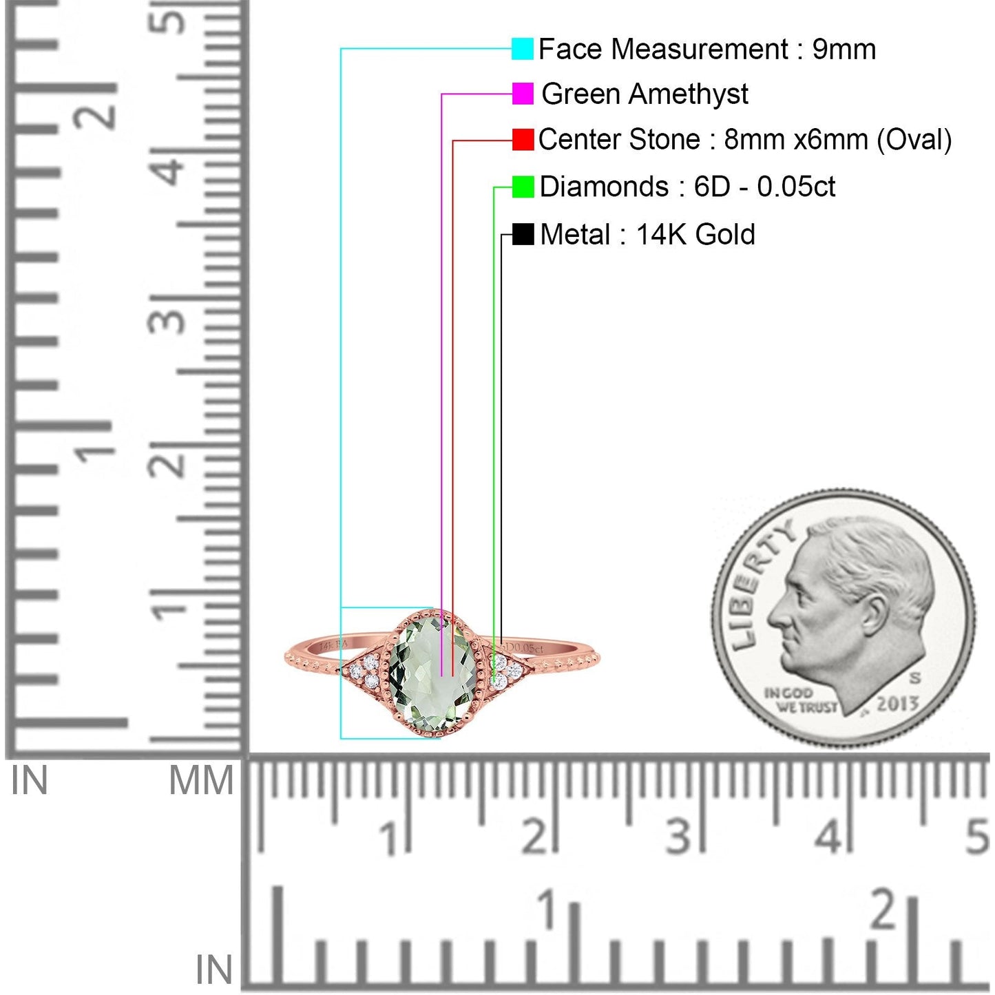 14K Rose Gold 1.26ct Oval Art Deco 8mmx6mm G SI Natural Green Amethyst Diamond Engagement Wedding Ring Size 6.5