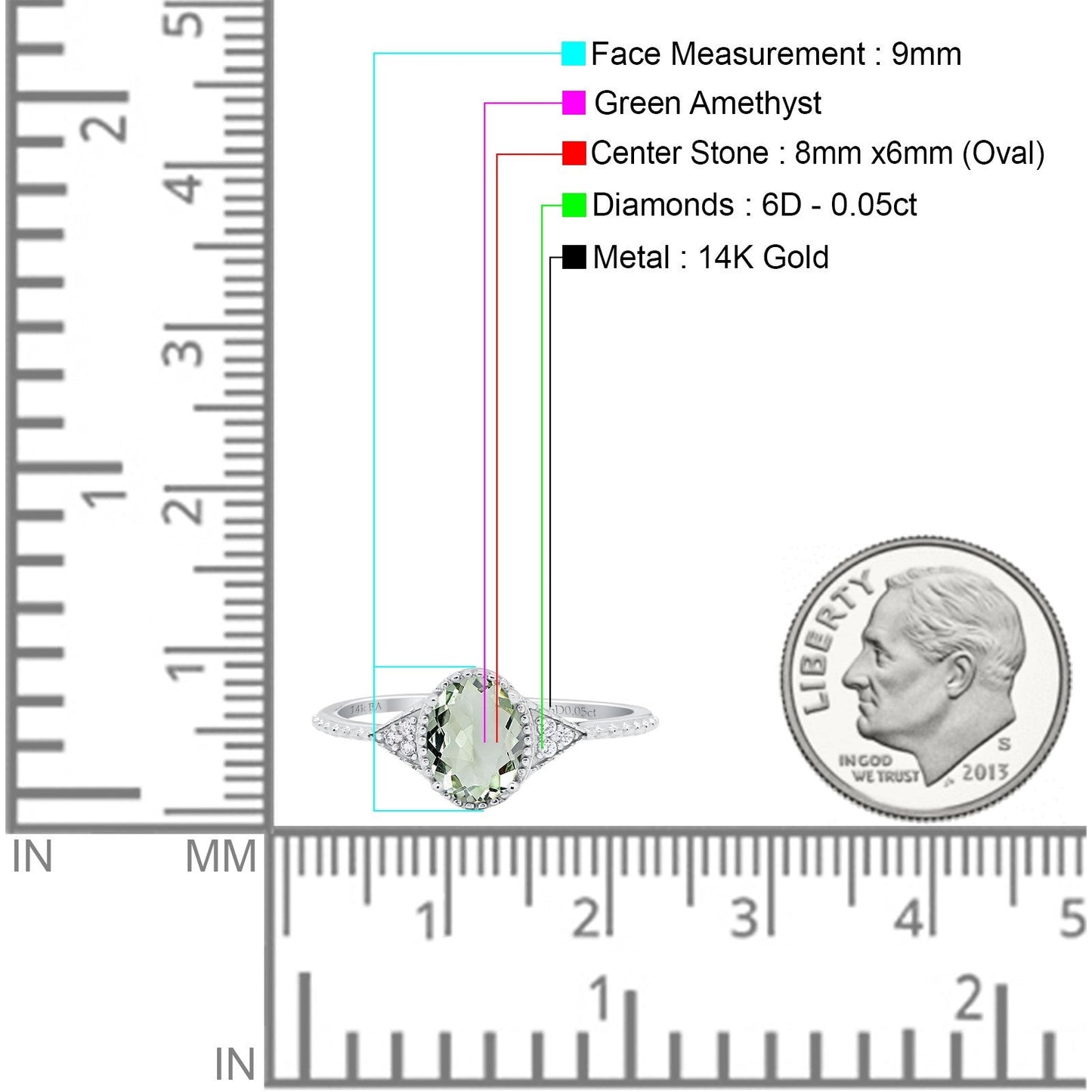 14K White Gold 1.26ct Oval Art Deco 8mmx6mm G SI Natural Green Amethyst Diamond Engagement Wedding Ring Size 6.5