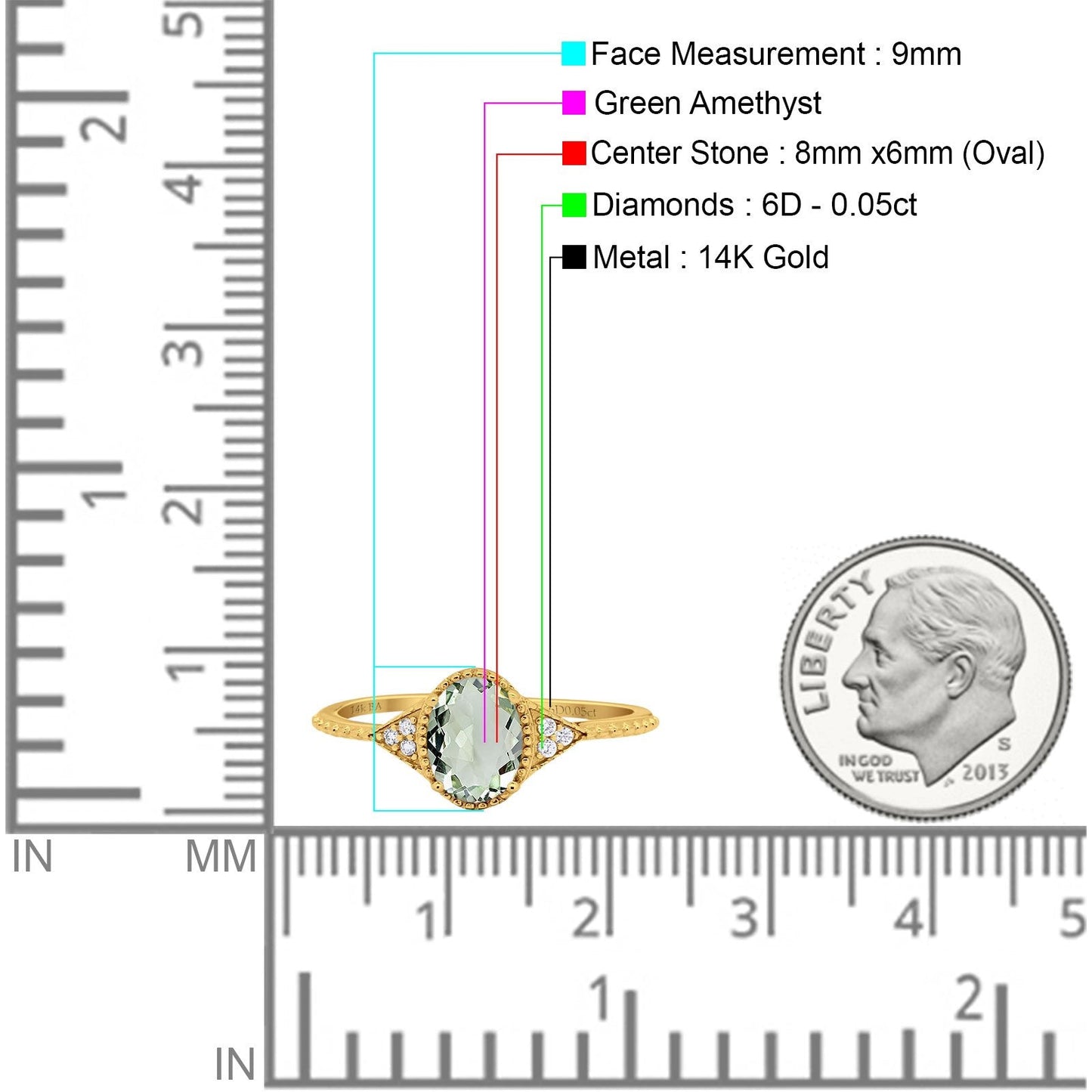 14K Yellow Gold 1.26ct Oval Art Deco 8mmx6mm G SI Natural Green Amethyst Diamond Engagement Wedding Ring Size 6.5