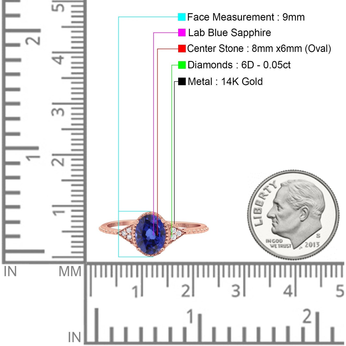 Bague de fiançailles en or rose 14 carats 1,26 ct Art déco ovale 8 mm x 6 mm G SI Lab saphir bleu diamant taille 6,5