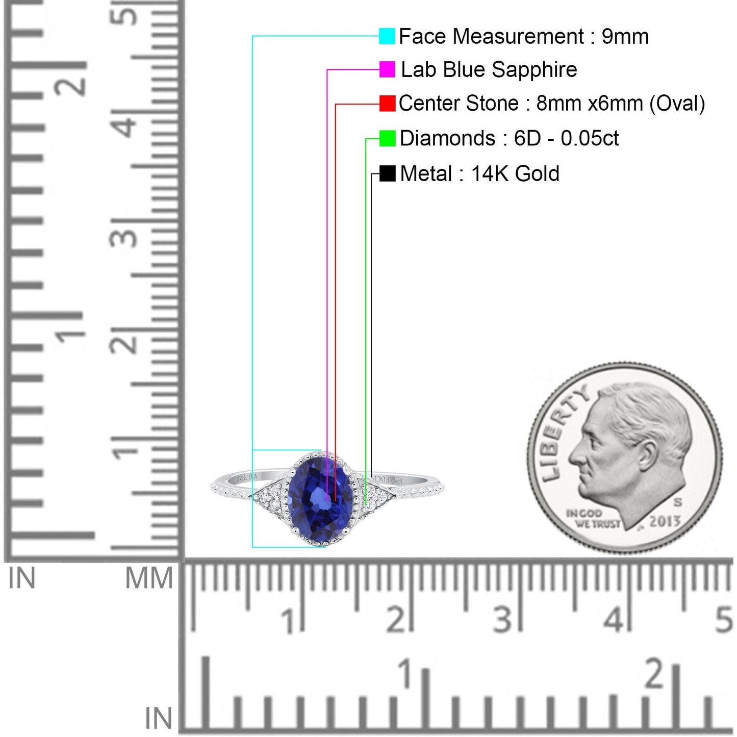 14K White Gold 1.26ct Oval Art Deco 8mmx6mm G SI Lab Blue Sapphire Diamond Engagement Wedding Ring Size 6.5