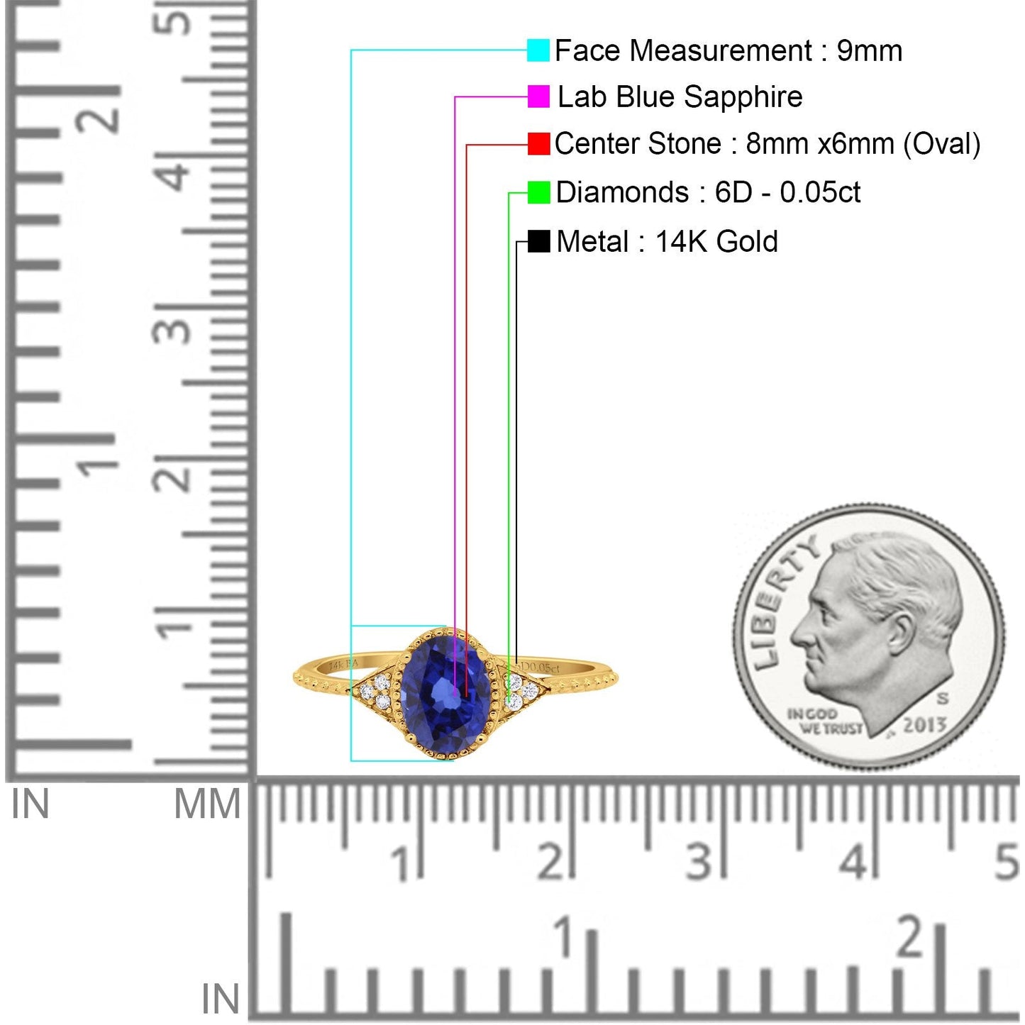 14K Yellow Gold 1.26ct Oval Art Deco 8mmx6mm G SI Lab Blue Sapphire Diamond Engagement Wedding Ring Size 6.5