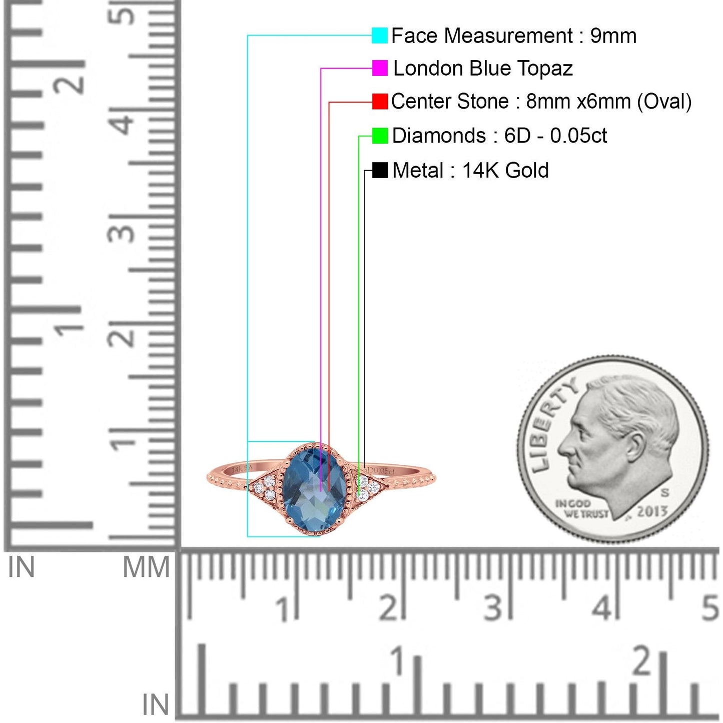 Bague de fiançailles en or rose 14 carats 1,26 ct Art déco ovale 8 mm x 6 mm G SI avec topaze bleue de Londres et diamant, taille 6,5