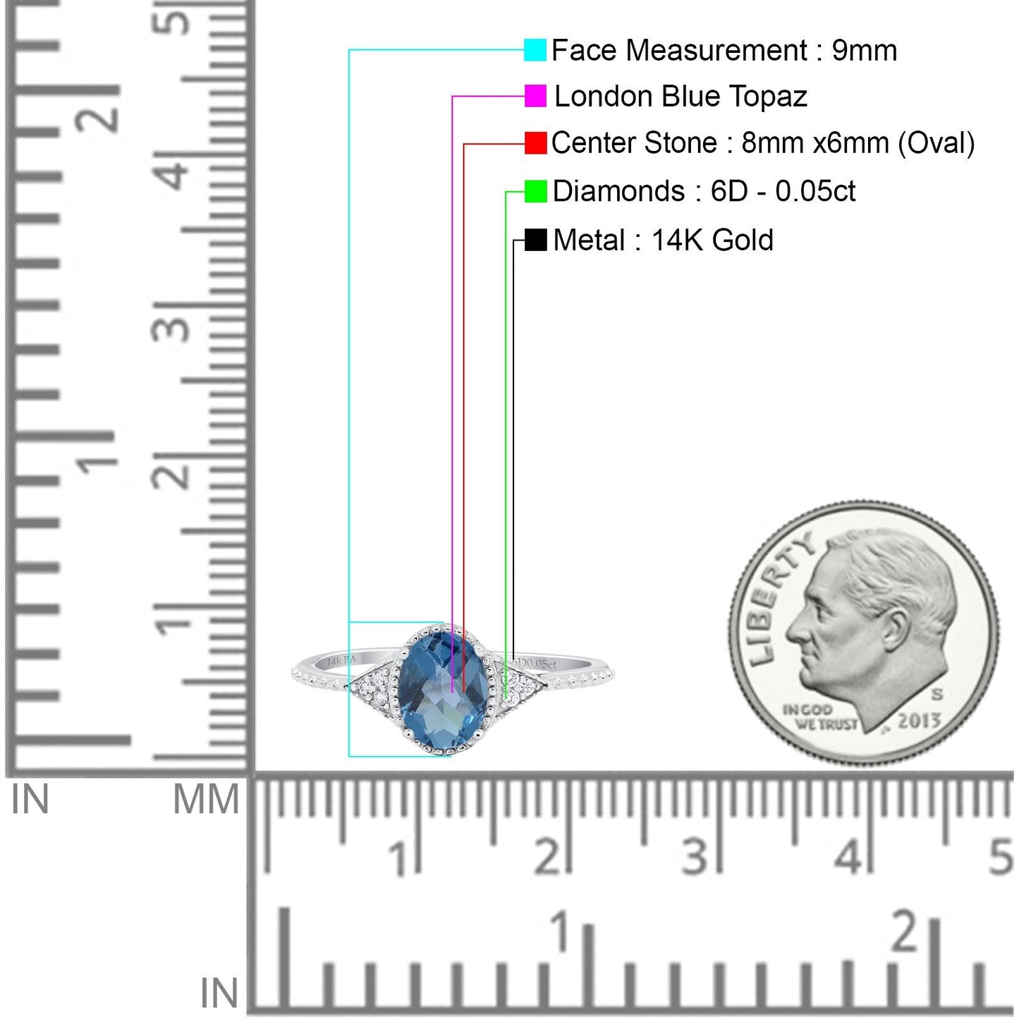 14K White Gold 1.26ct Oval Art Deco 8mmx6mm G SI London Blue Topaz Diamond Engagement Wedding Ring Size 6.5