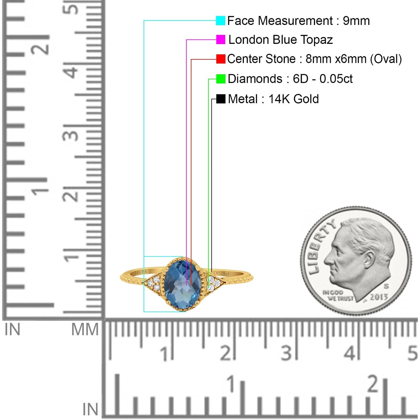 14K Yellow Gold 1.26ct Oval Art Deco 8mmx6mm G SI London Blue Topaz Diamond Engagement Wedding Ring Size 6.5