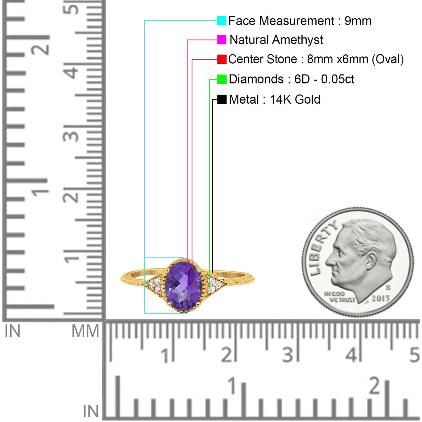 14K Yellow Gold 1.26ct Oval Art Deco 8mmx6mm G SI Natural Amethyst Diamond Engagement Wedding Ring Size 6.5