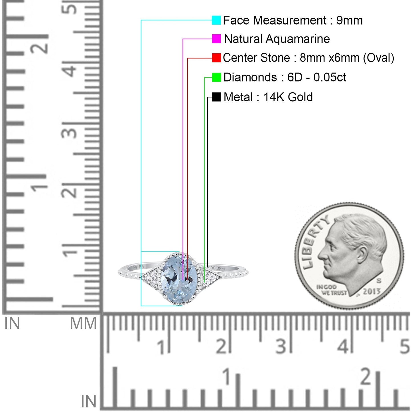 14K White Gold 1.26ct Oval Art Deco 8mmx6mm G SI Natural Aquamarine Diamond Engagement Wedding Ring Size 6.5