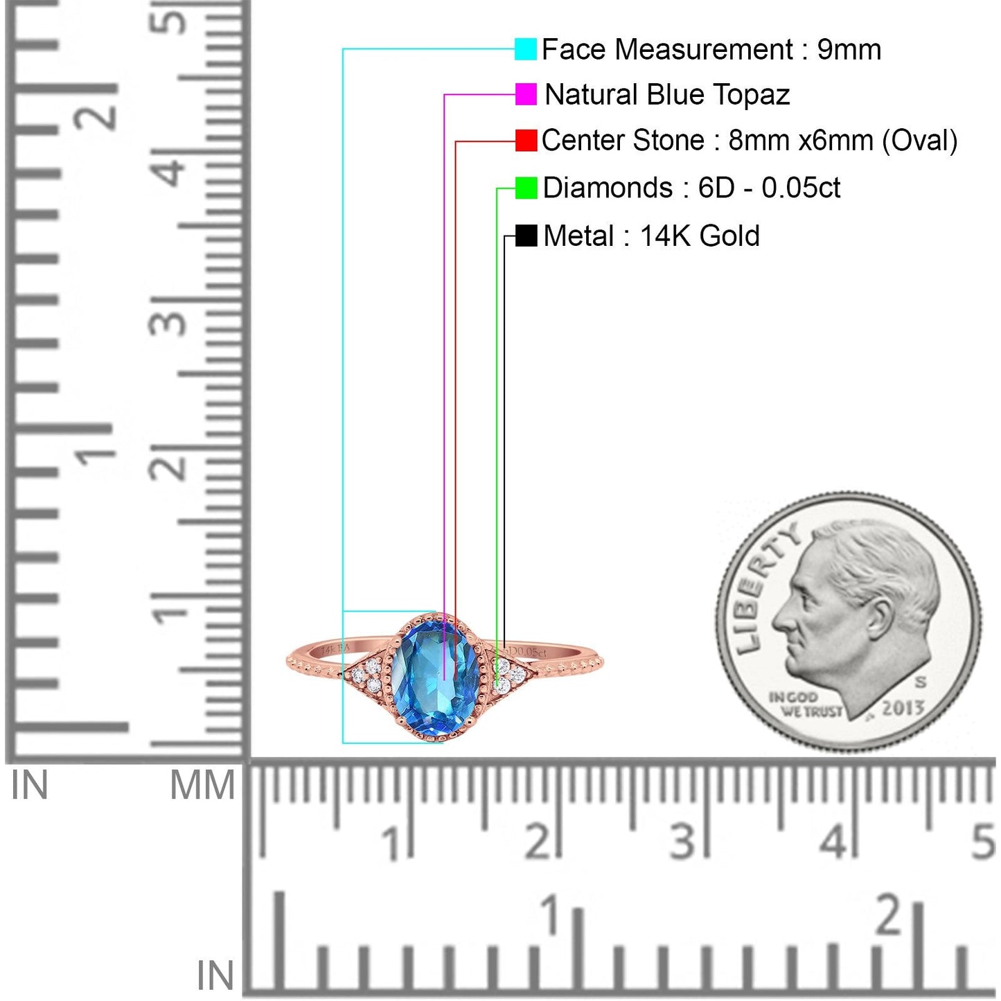 14K Rose Gold 1.26ct Oval Art Deco 8mmx6mm G SI Natural Blue Topaz Diamond Engagement Wedding Ring Size 6.5