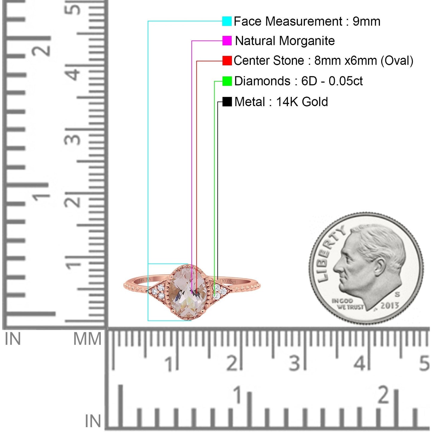 14K Rose Gold 1.26ct Oval Art Deco 8mmx6mm G SI Natural Morganite Diamond Engagement Wedding Ring Size 6.5