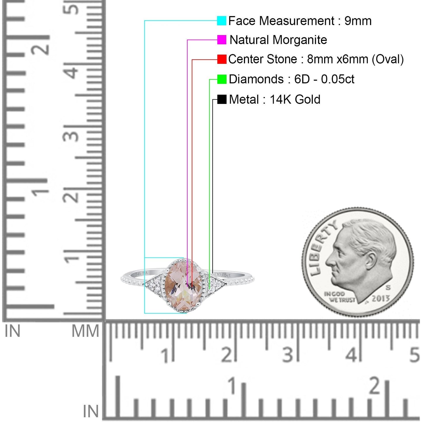 14K White Gold 1.26ct Oval Art Deco 8mmx6mm G SI Natural Morganite Diamond Engagement Wedding Ring Size 6.5