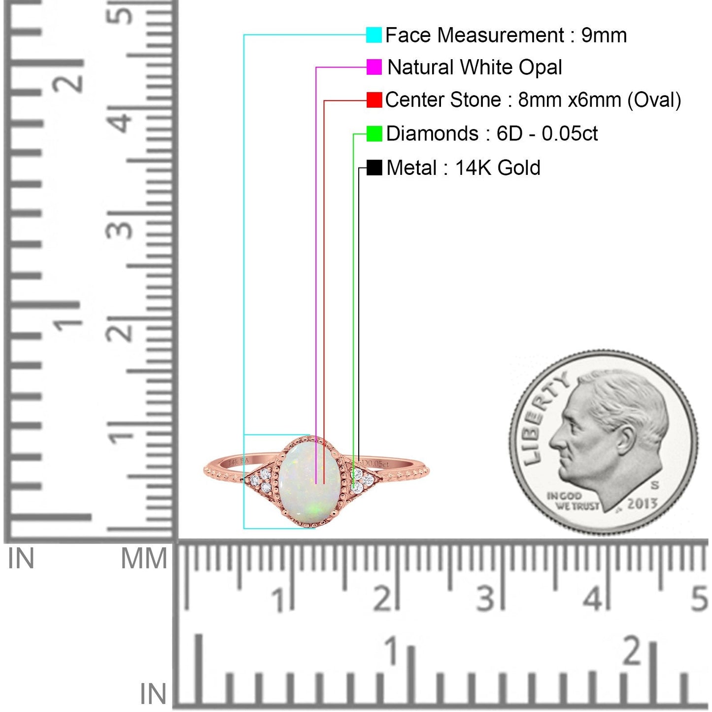 Bague de fiançailles en or rose 14 carats 1,26 ct Art déco ovale 8 mm x 6 mm G SI avec opale blanche naturelle et diamant, taille 6,5