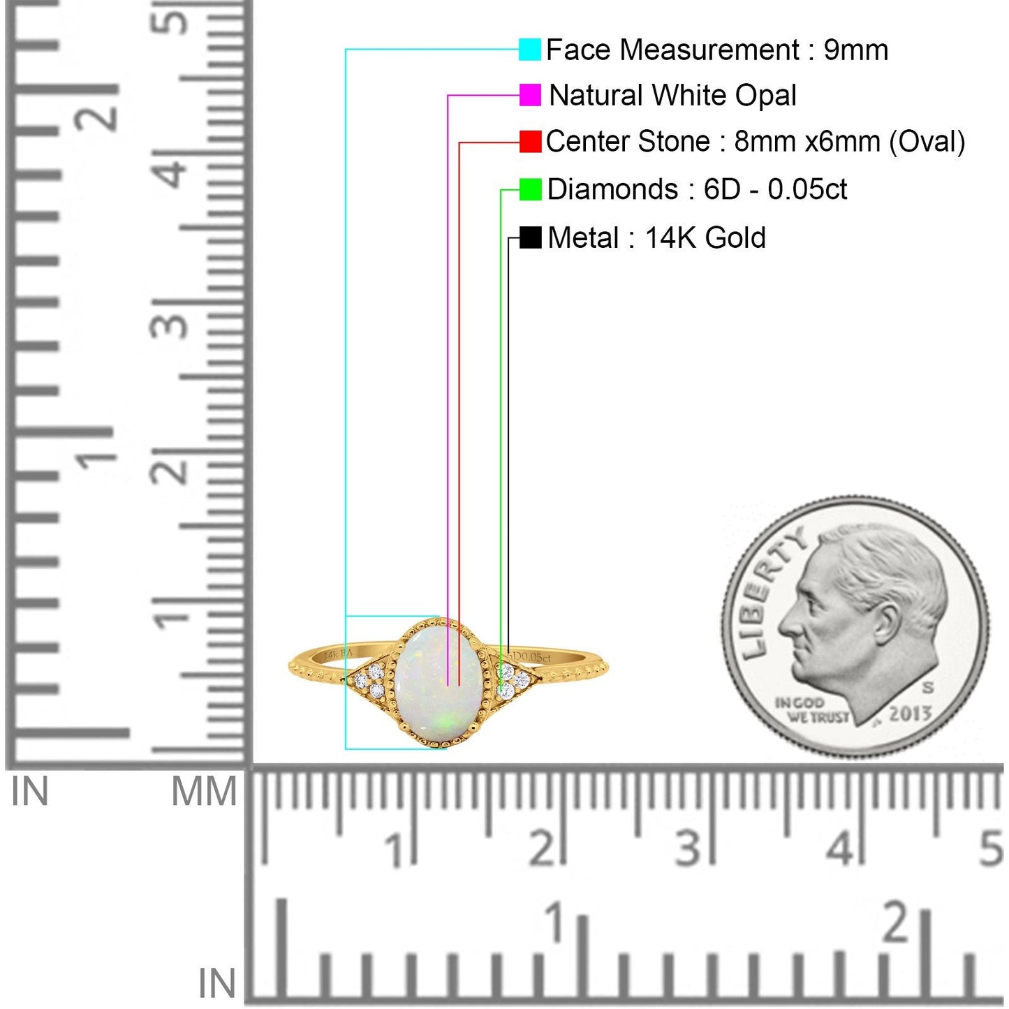 14K Yellow Gold 1.26ct Oval Art Deco 8mmx6mm G SI Natural White Opal Diamond Engagement Wedding Ring Size 6.5