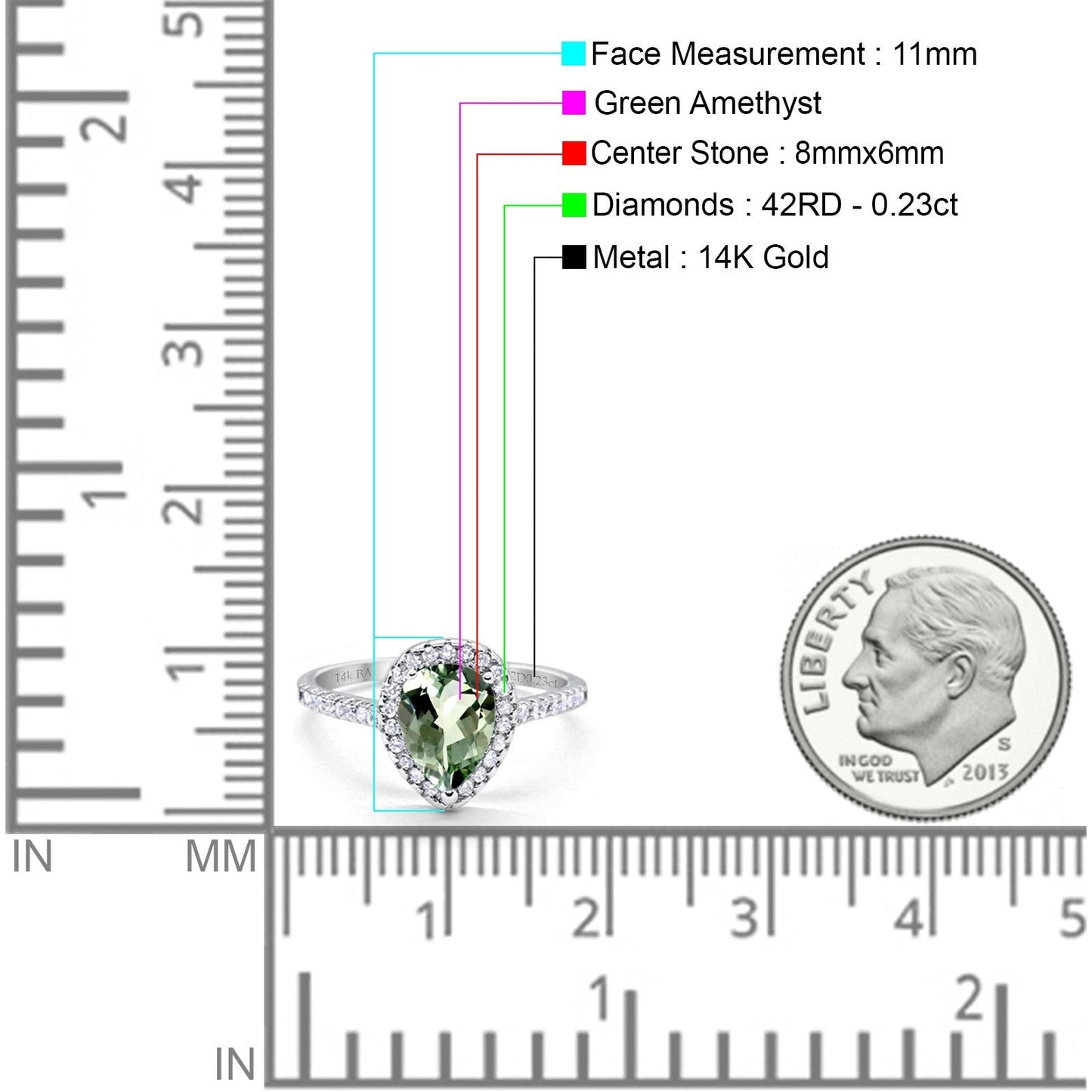 14K White Gold 1.48ct Teardrop Pear 8mmx6mm G SI Natural Green Amethyst Diamond Engagement Wedding Ring Size 6.5