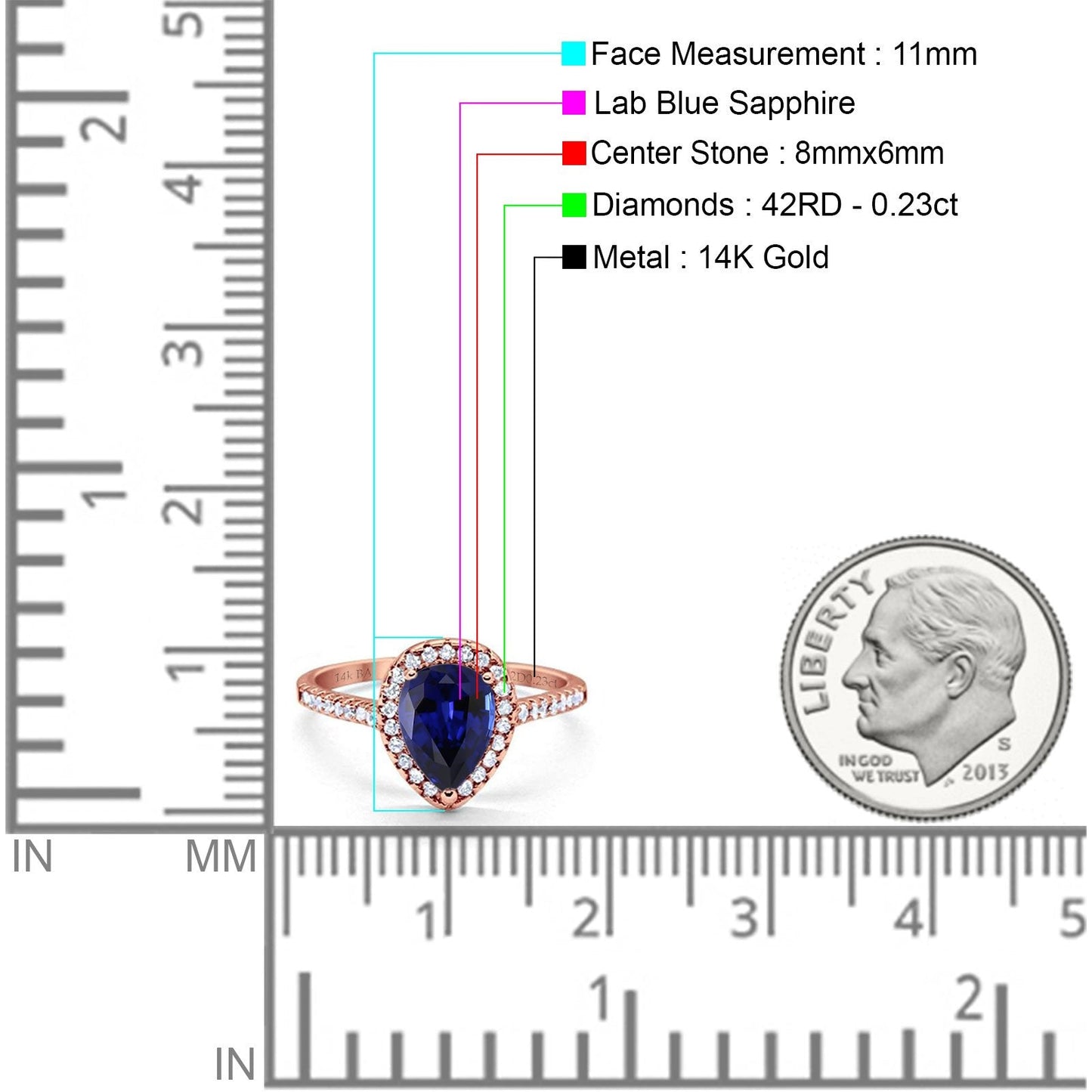 14K Rose Gold 1.48ct Teardrop Pear 8mmx6mm G SI Lab Blue Sapphire Diamond Engagement Wedding Ring Size 6.5