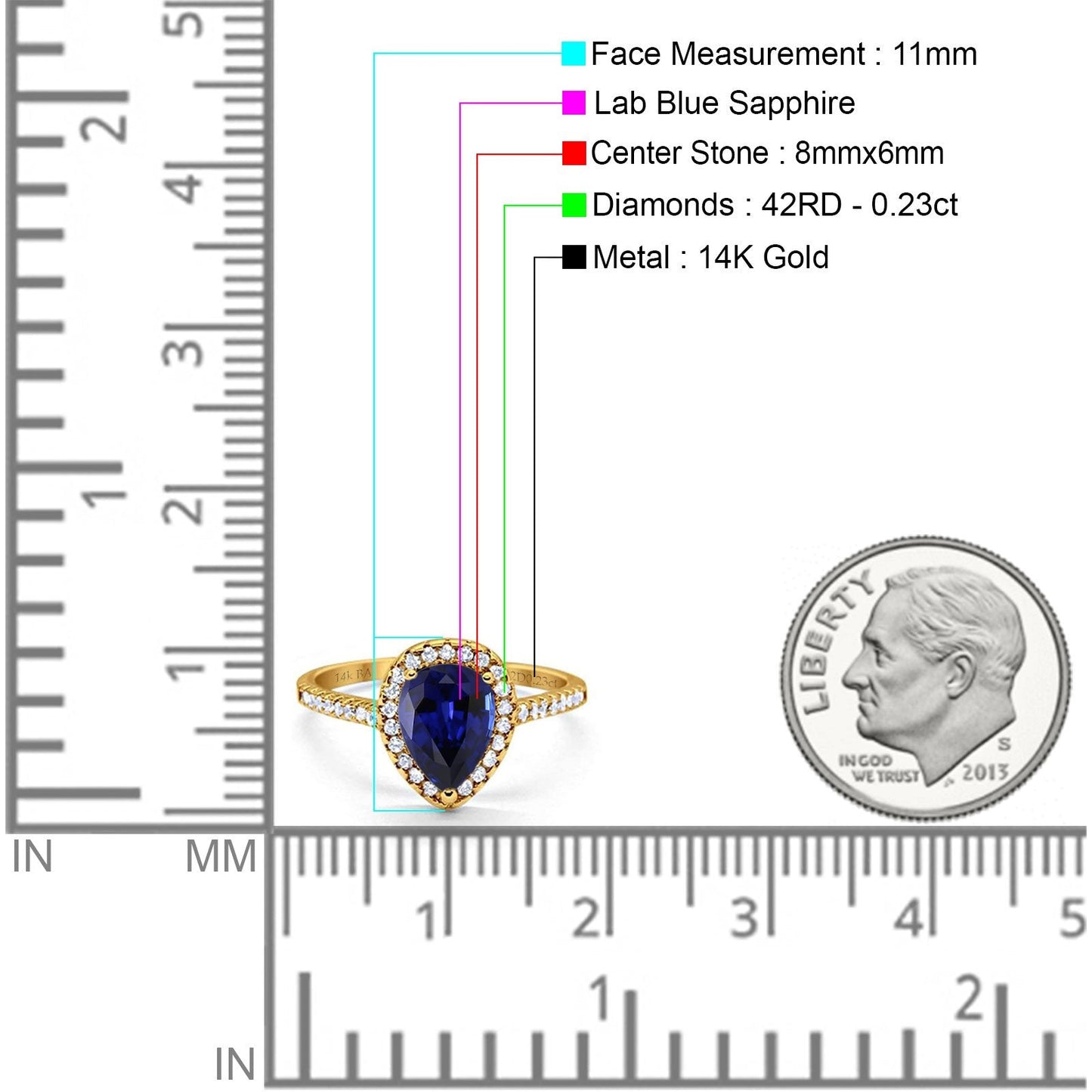 14K Yellow Gold 1.48ct Teardrop Pear 8mmx6mm G SI Lab Blue Sapphire Diamond Engagement Wedding Ring Size 6.5