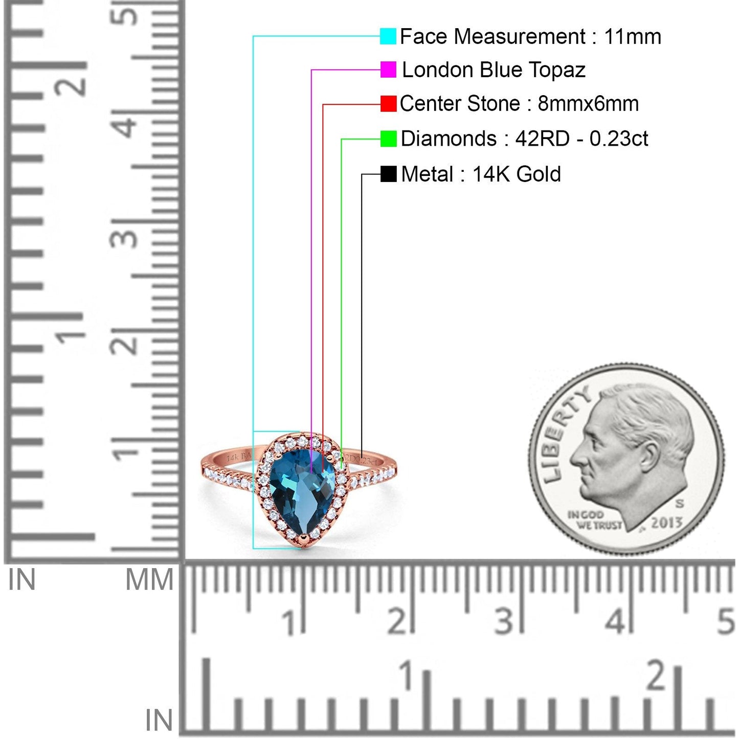 14K Rose Gold 1.48ct Teardrop Pear 8mmx6mm G SI London Blue Topaz Diamond Engagement Wedding Ring Size 6.5