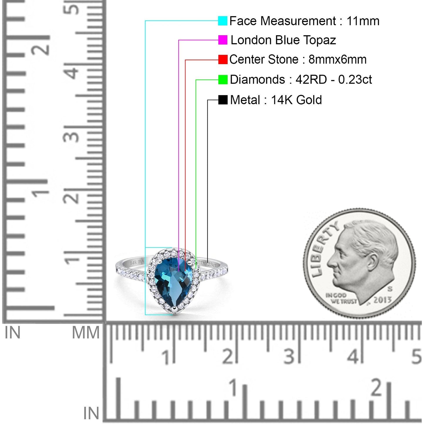 14K White Gold 1.48ct Teardrop Pear 8mmx6mm G SI London Blue Topaz Diamond Engagement Wedding Ring Size 6.5