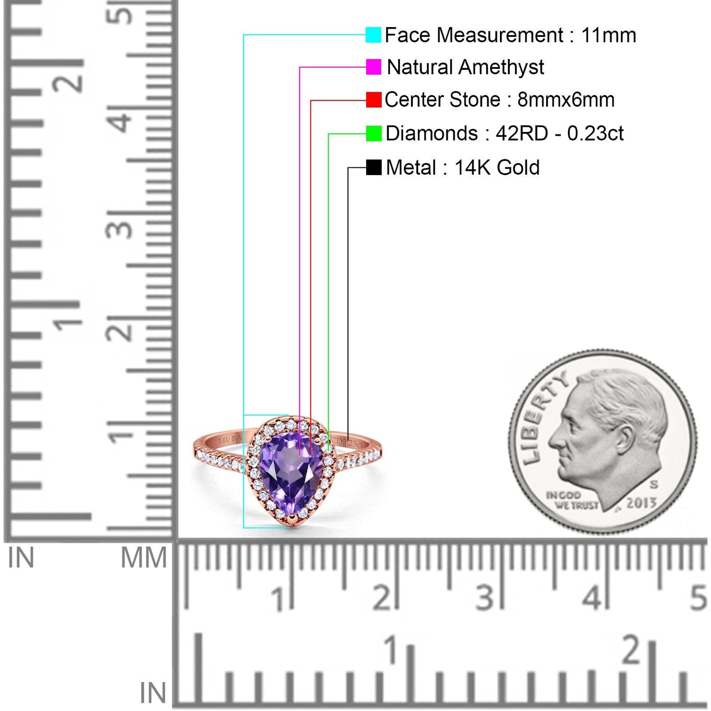 14K Rose Gold 1.48ct Teardrop Pear 8mmx6mm G SI Natural Amethyst Diamond Engagement Wedding Ring Size 6.5