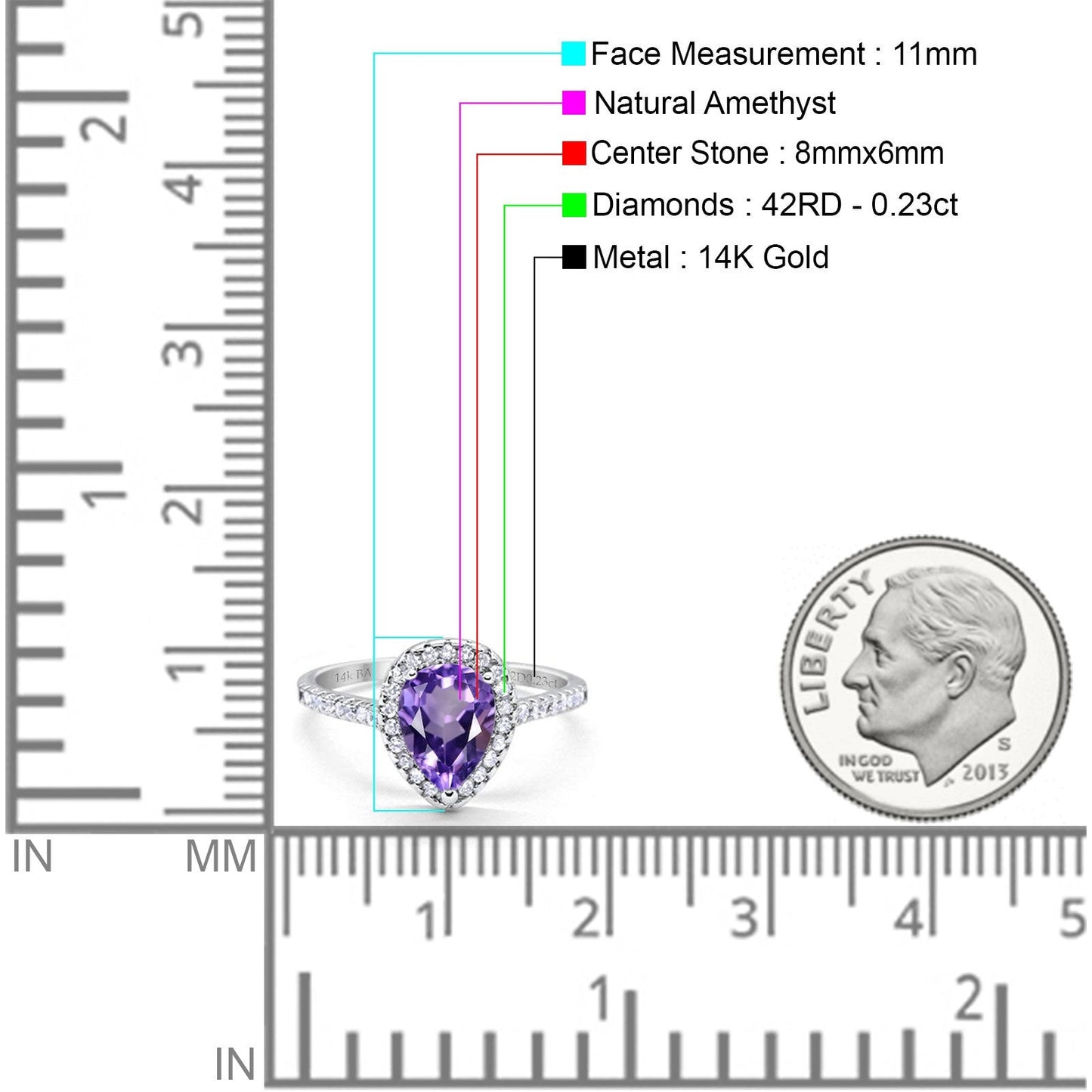 14K White Gold 1.48ct Teardrop Pear 8mmx6mm G SI Natural Amethyst Diamond Engagement Wedding Ring Size 6.5