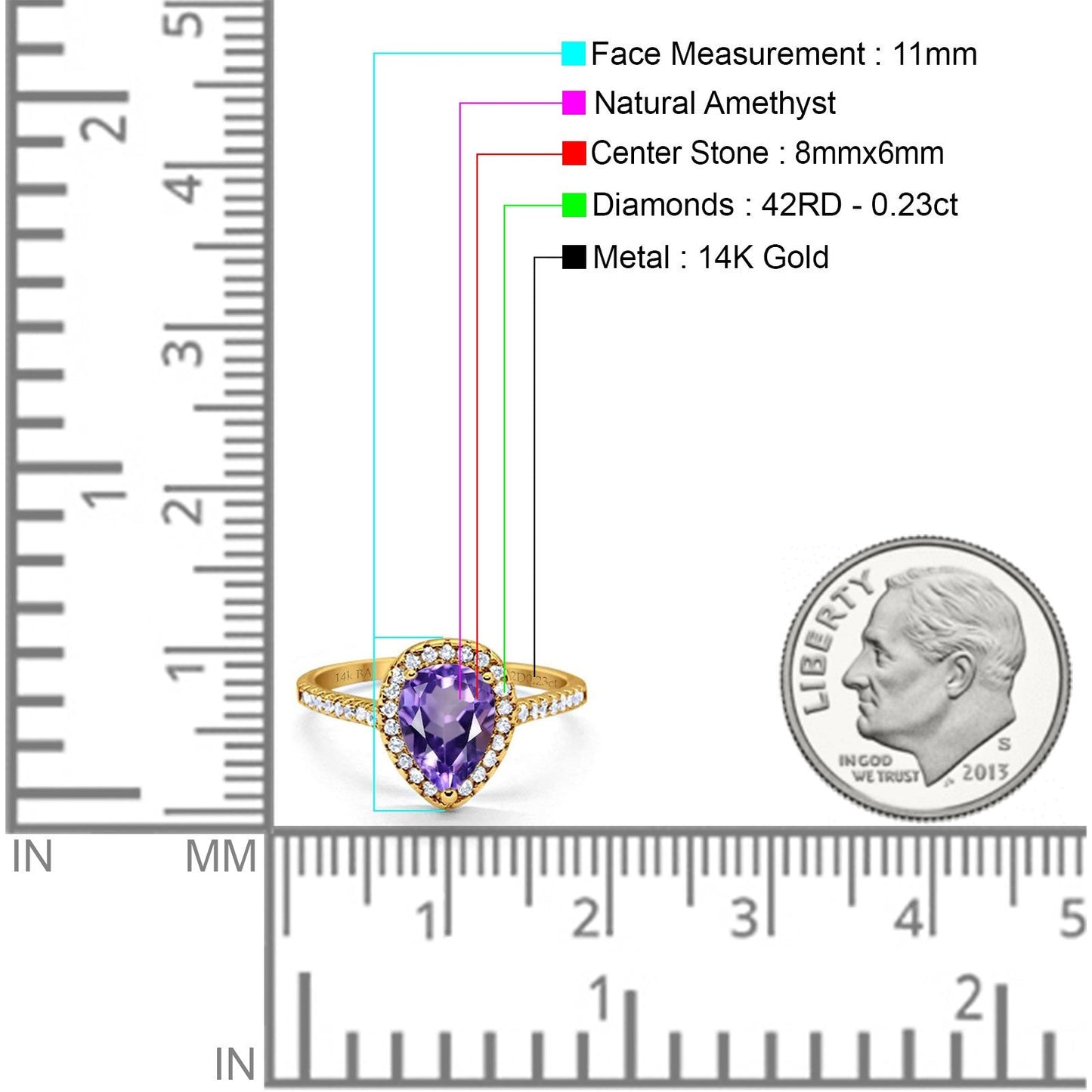 14K Yellow Gold 1.48ct Teardrop Pear 8mmx6mm G SI Natural Amethyst Diamond Engagement Wedding Ring Size 6.5