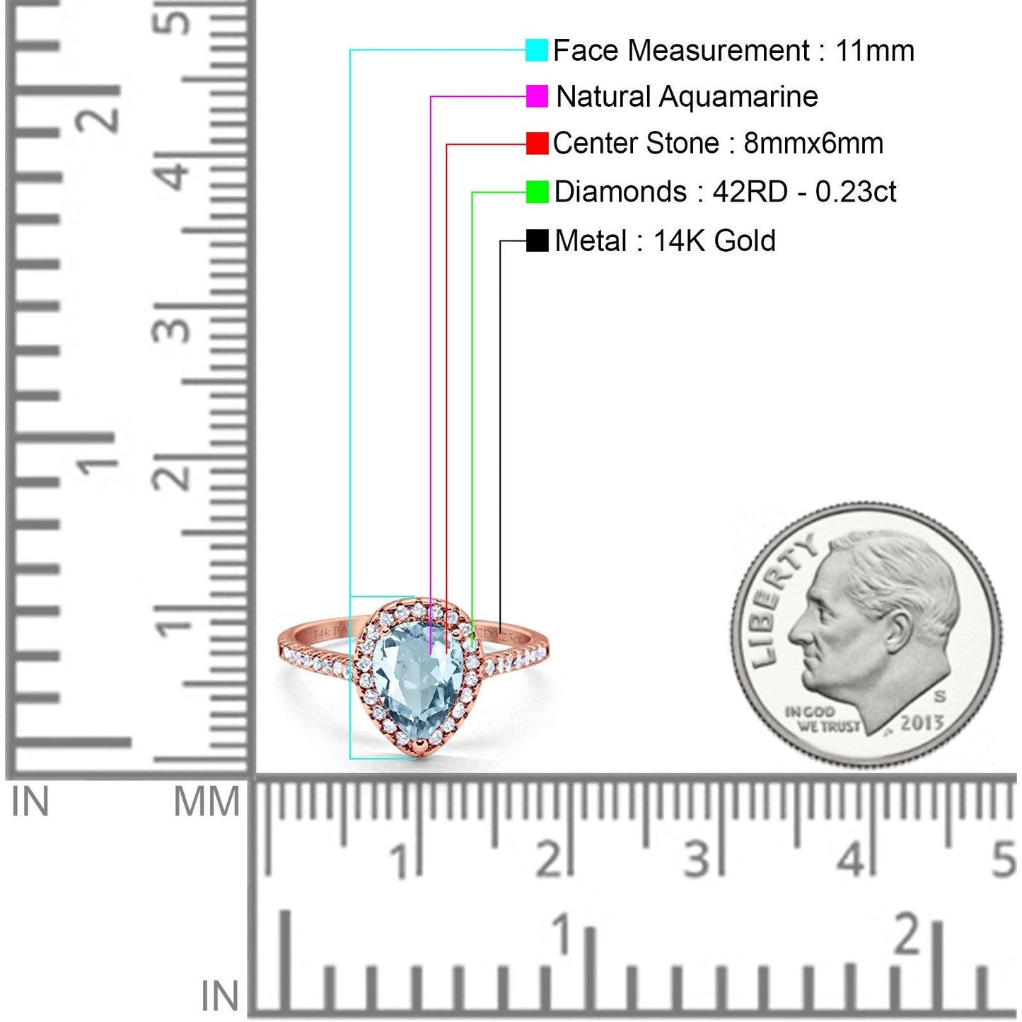 14K Rose Gold 1.48ct Teardrop Pear 8mmx6mm G SI Natural Aquamarine Diamond Engagement Wedding Ring Size 6.5