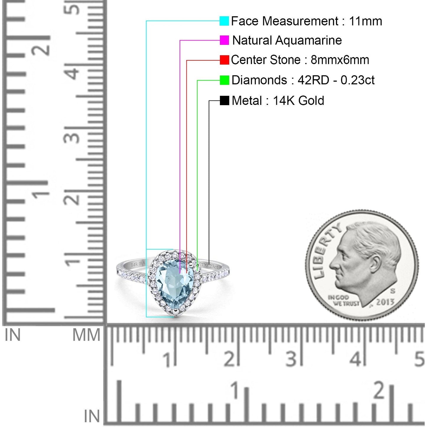 14K White Gold 1.48ct Teardrop Pear 8mmx6mm G SI Natural Aquamarine Diamond Engagement Wedding Ring Size 6.5