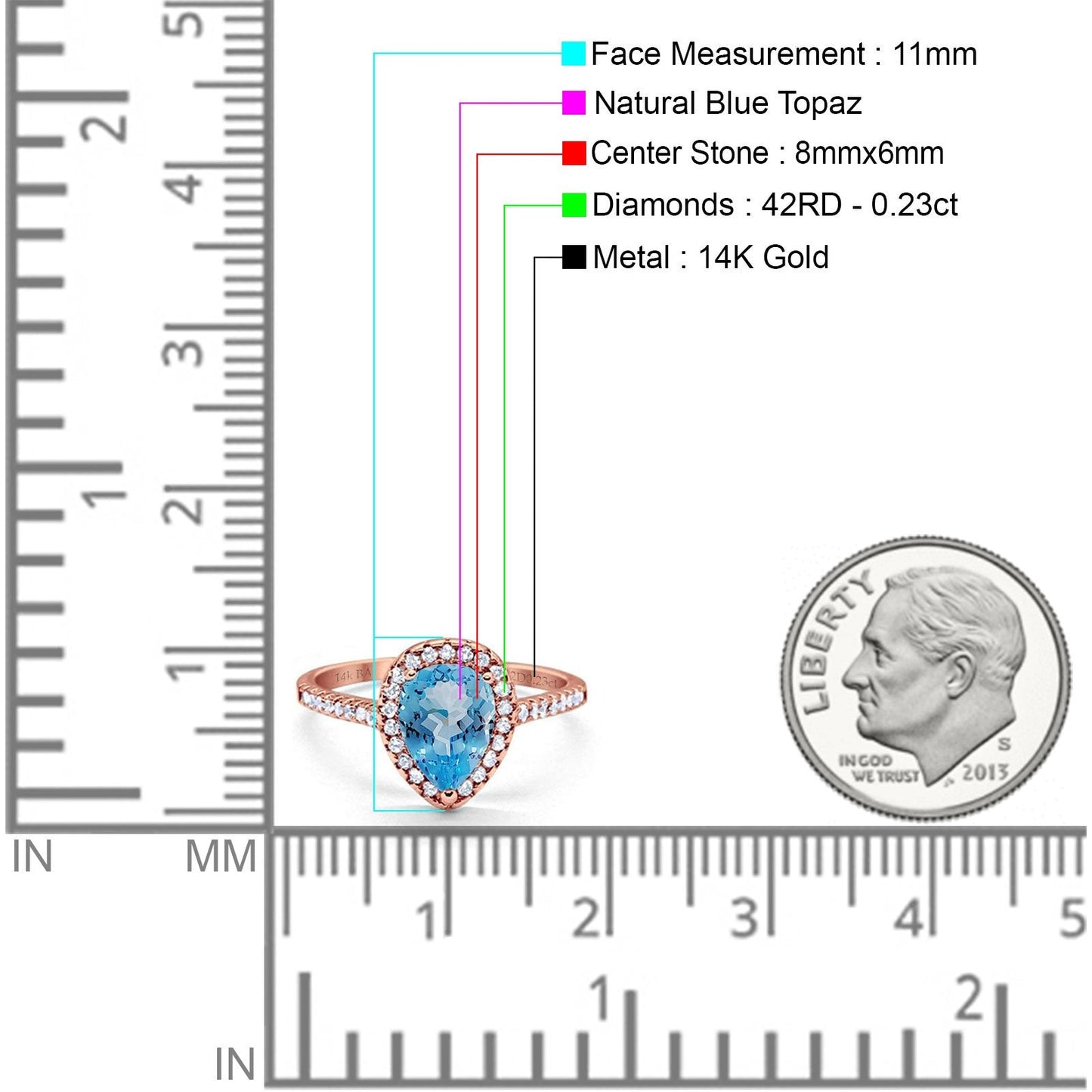 14K Rose Gold 1.48ct Teardrop Pear 8mmx6mm G SI Natural Blue Topaz Diamond Engagement Wedding Ring Size 6.5