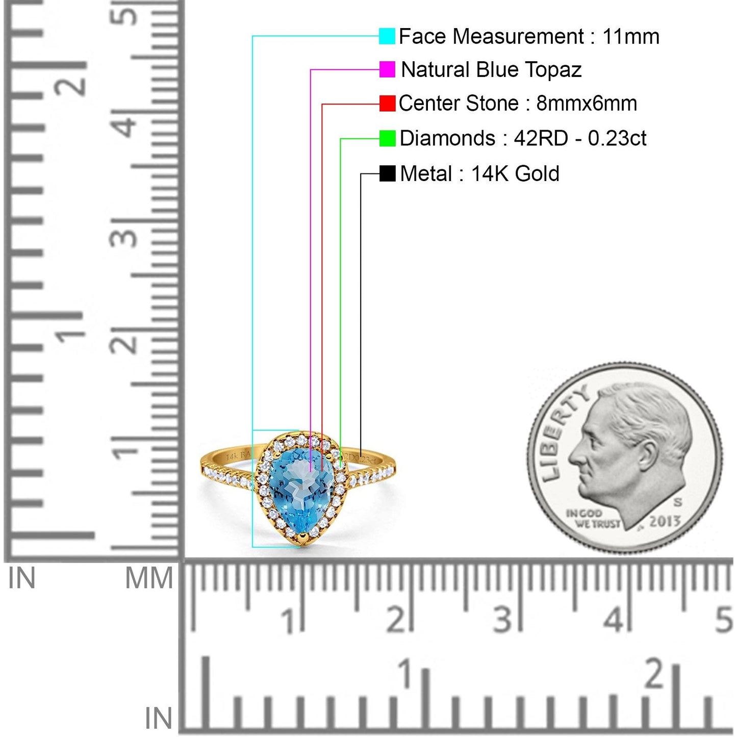 14K Yellow Gold 1.48ct Teardrop Pear 8mmx6mm G SI Natural Blue Topaz Diamond Engagement Wedding Ring Size 6.5