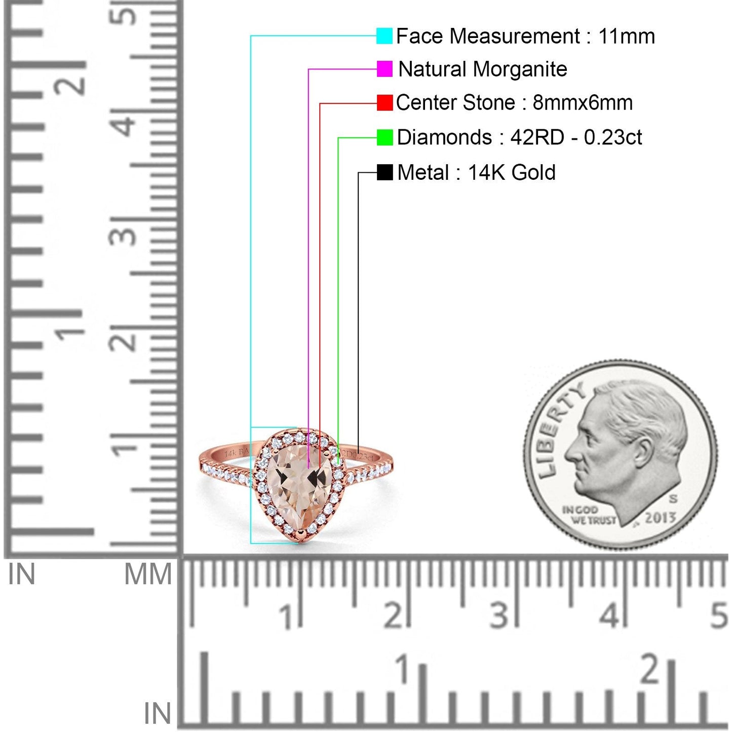 Bague de fiançailles en or rose 14 carats, 1,48 ct, forme poire, 8 mm x 6 mm, diamant morganite naturel G SI, taille 6,5