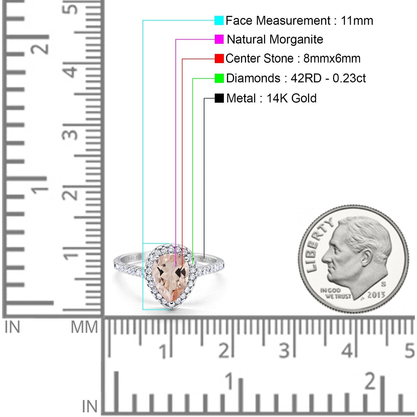 14K White Gold 1.48ct Teardrop Pear 8mmx6mm G SI Natural Morganite Diamond Engagement Wedding Ring Size 6.5