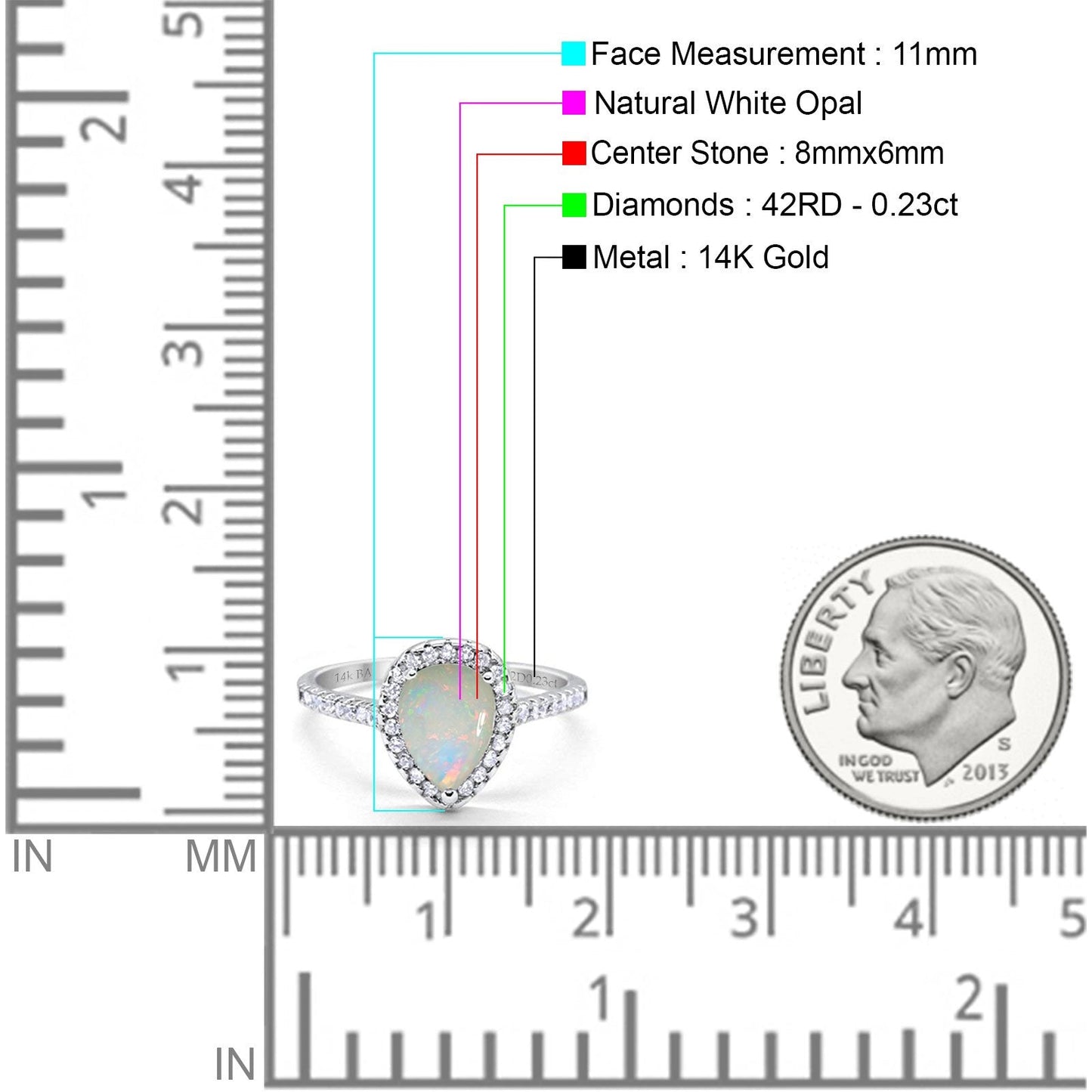 14K White Gold 0.23ct Teardrop Pear 8mmx6mm G SI Natural White Opal Diamond Engagement Wedding Ring Size 6.5