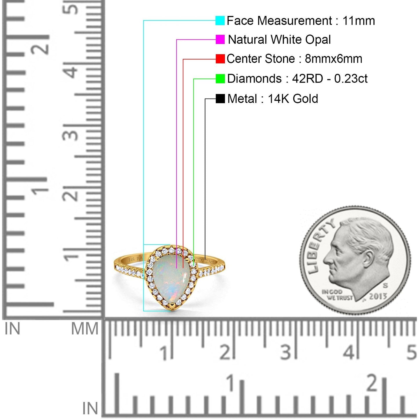 14K Yellow Gold 0.23ct Teardrop Pear 8mmx6mm G SI Natural White Opal Diamond Engagement Wedding Ring Size 6.5