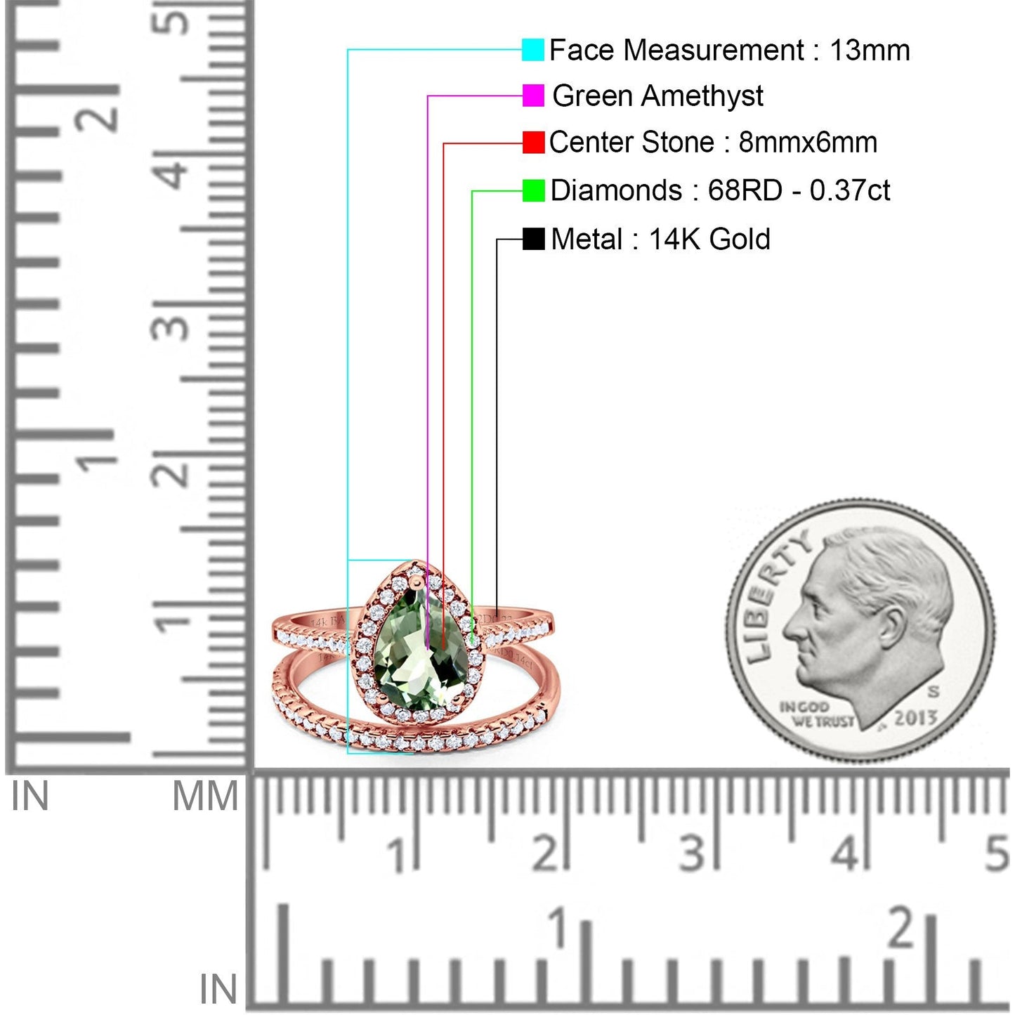 14K Rose Gold 1.62ct Pear 8mmx6mm G SI Natural Green Amethyst Diamond Bridal Engagement Wedding Ring Size 6.5