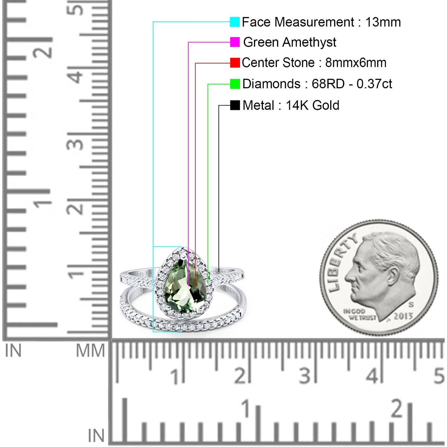 14K White Gold 1.62ct Pear 8mmx6mm G SI Natural Green Amethyst Diamond Bridal Engagement Wedding Ring Size 6.5