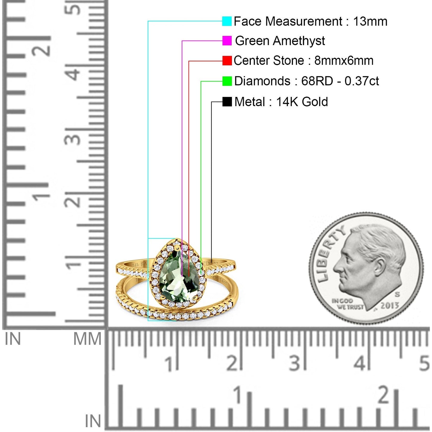 14K Yellow Gold 1.62ct Pear 8mmx6mm G SI Natural Green Amethyst Diamond Bridal Engagement Wedding Ring Size 6.5