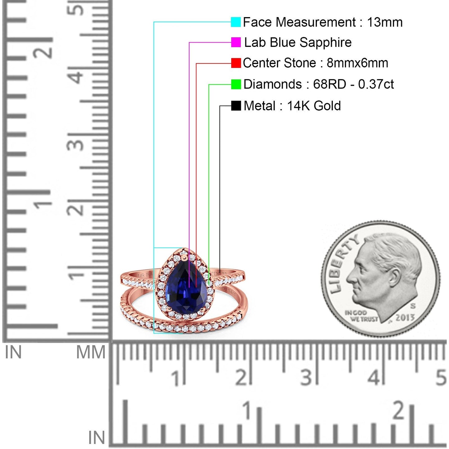 14K Rose Gold 1.62ct Pear 8mmx6mm G SI Nano Blue Sapphire Diamond Bridal Engagement Wedding Ring Size 6.5