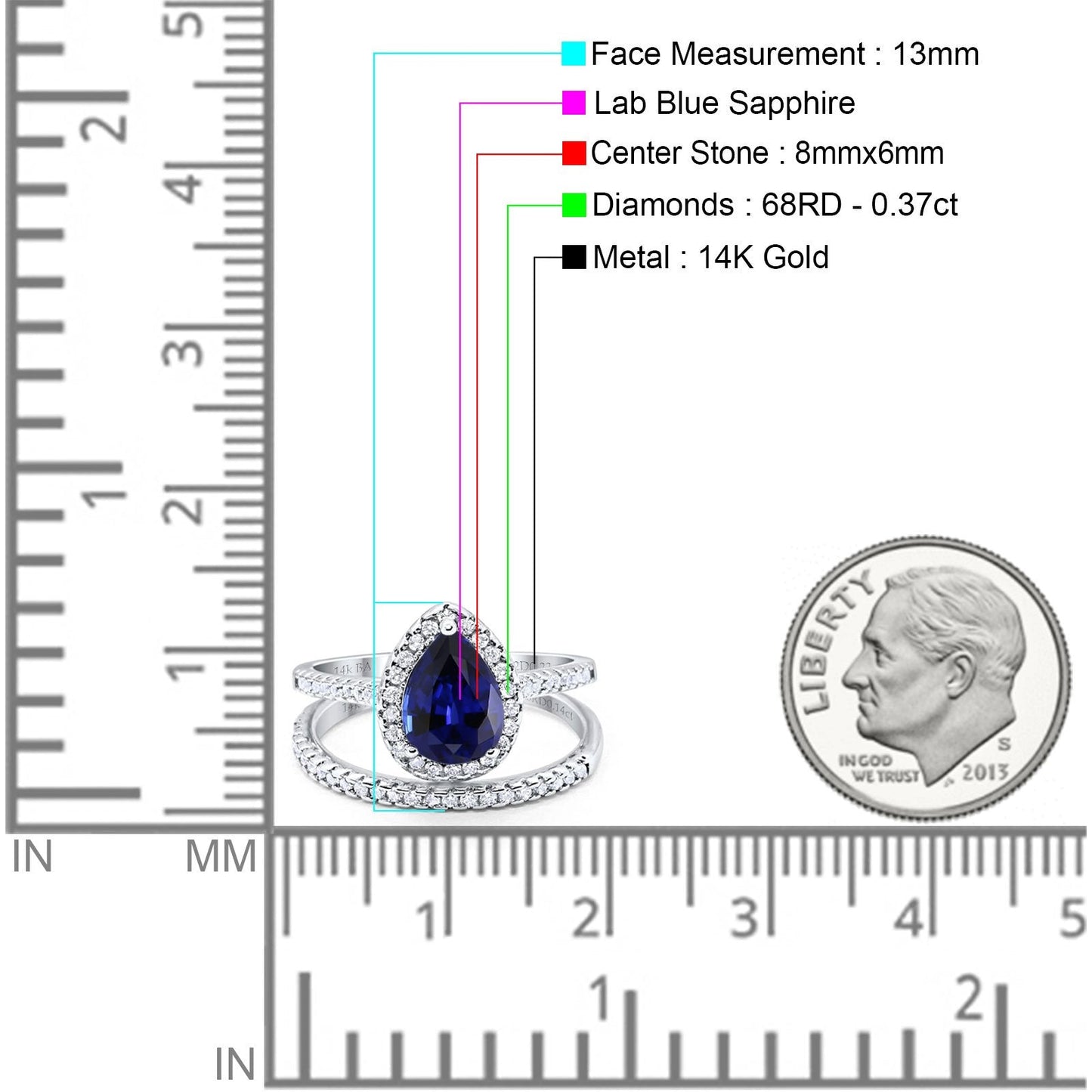 14K White Gold 1.62ct Pear 8mmx6mm G SI Nano Blue Sapphire Diamond Bridal Engagement Wedding Ring Size 6.5